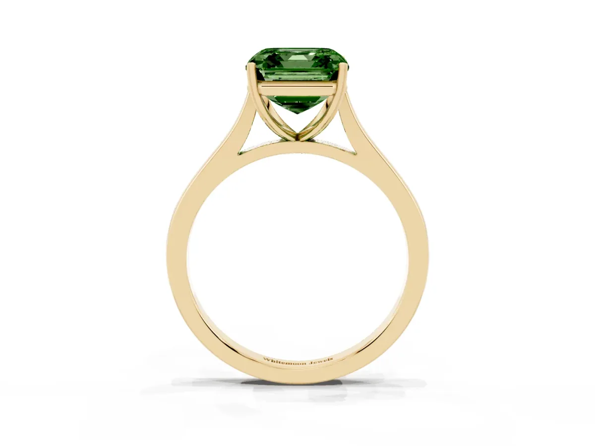 Fancy Green Asscher Cut Solitaire Heart Prong Engagement Ring with Tapered Band Yellow gold