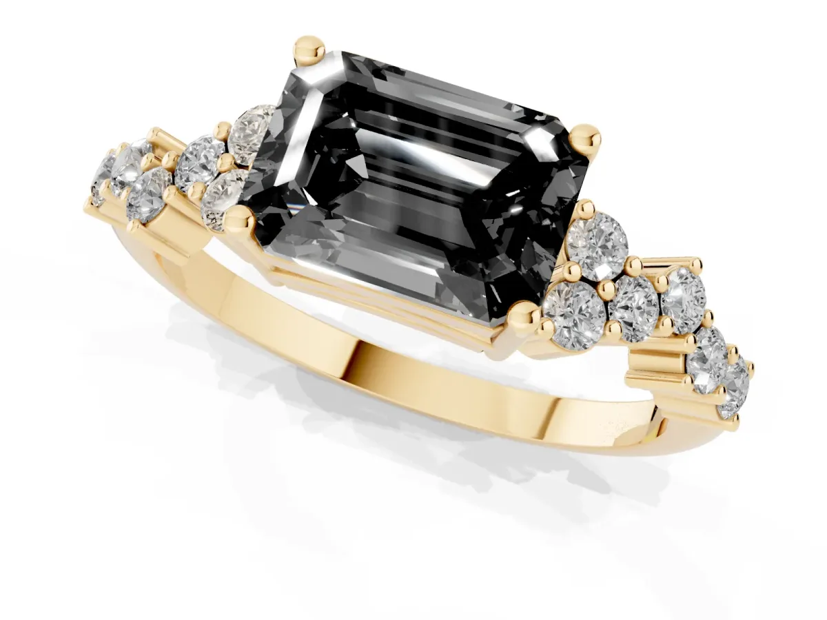 Fancy Black Emerald Cut Diamond Scattered Round Accent Ring with Prong Setting Yellow gold