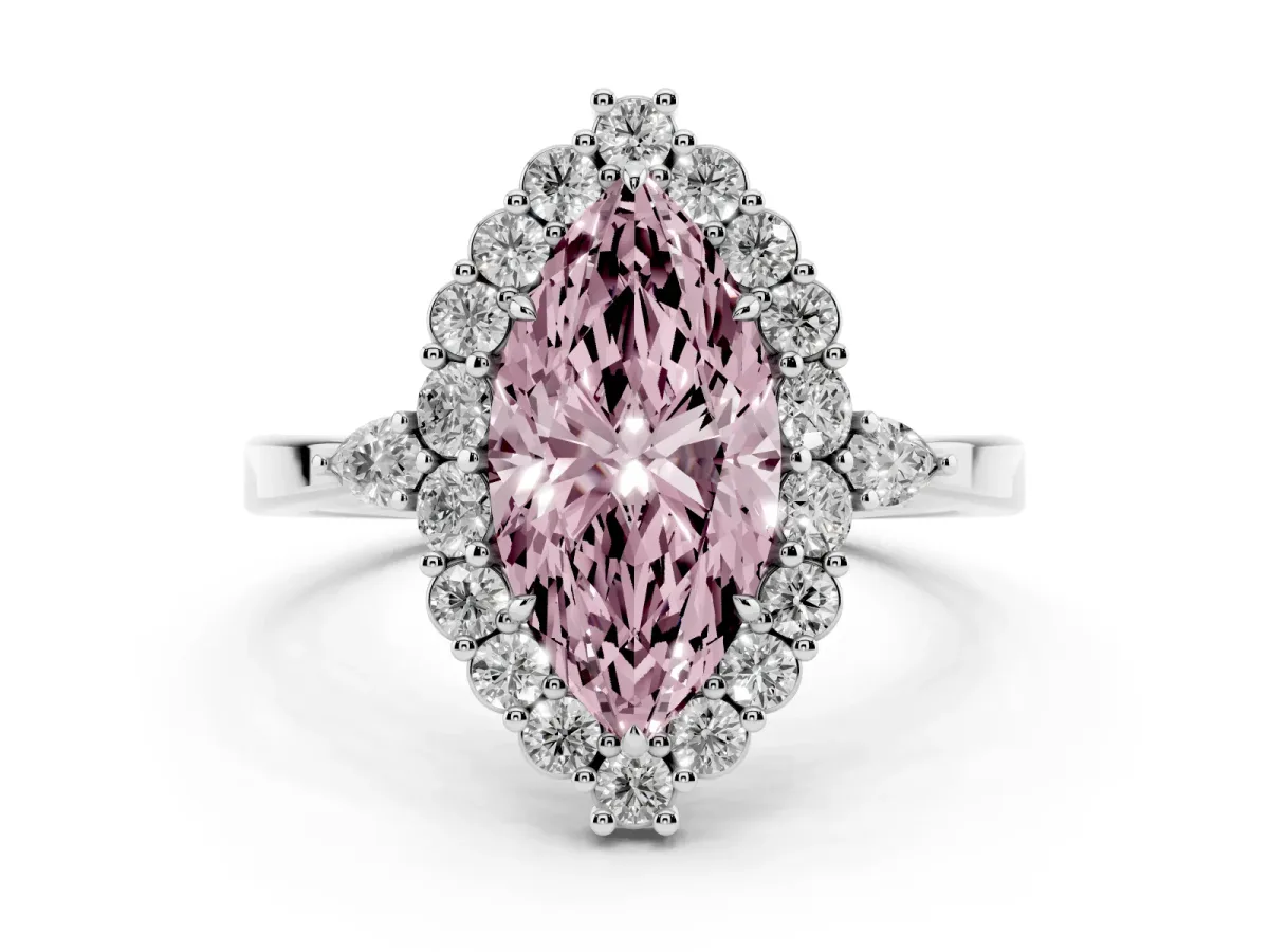 Fancy Pink Marquise Cut Diamond Halo Ring with Pear Side Stones and Prong Setting Silver