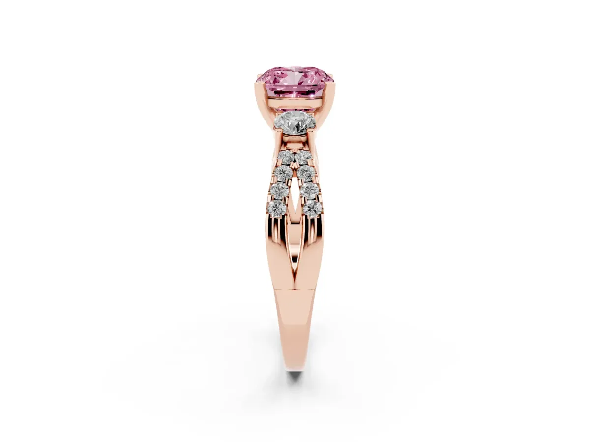 Fancy Pink Cushion Cut Diamond Three-Stone Ring with Pavé Split Shank and Four-Prong Setting Rose gold