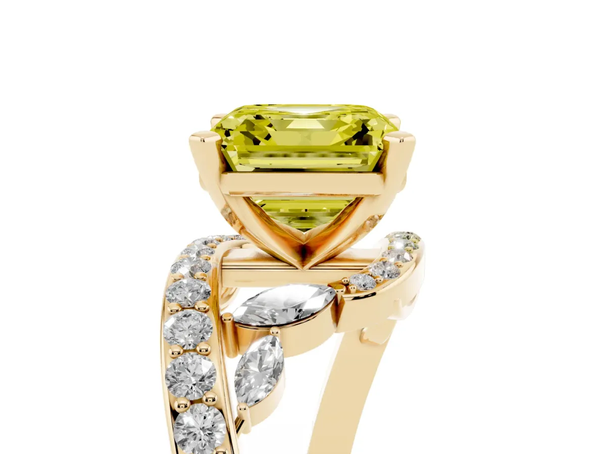Fancy Yellow Asscher Cut Solitaire with Pavé Twist Band and Four-Prong Setting Yellow gold