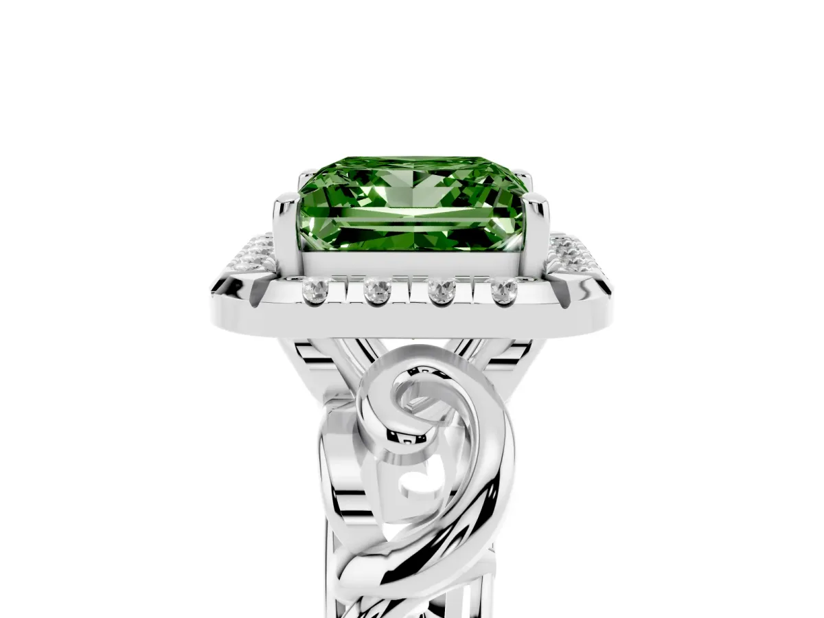 Fancy Green Princess Cut Cut Halo Diamond Ring with Scrollwork Band and Four-Prong Setting Silver