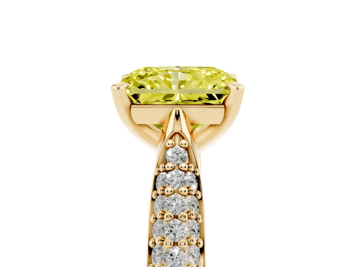 Fancy Yellow Radiant Cut Diamond Solitaire Engagement Ring with Multi-Row Round Pavé Band and Prong Setting Yellow gold