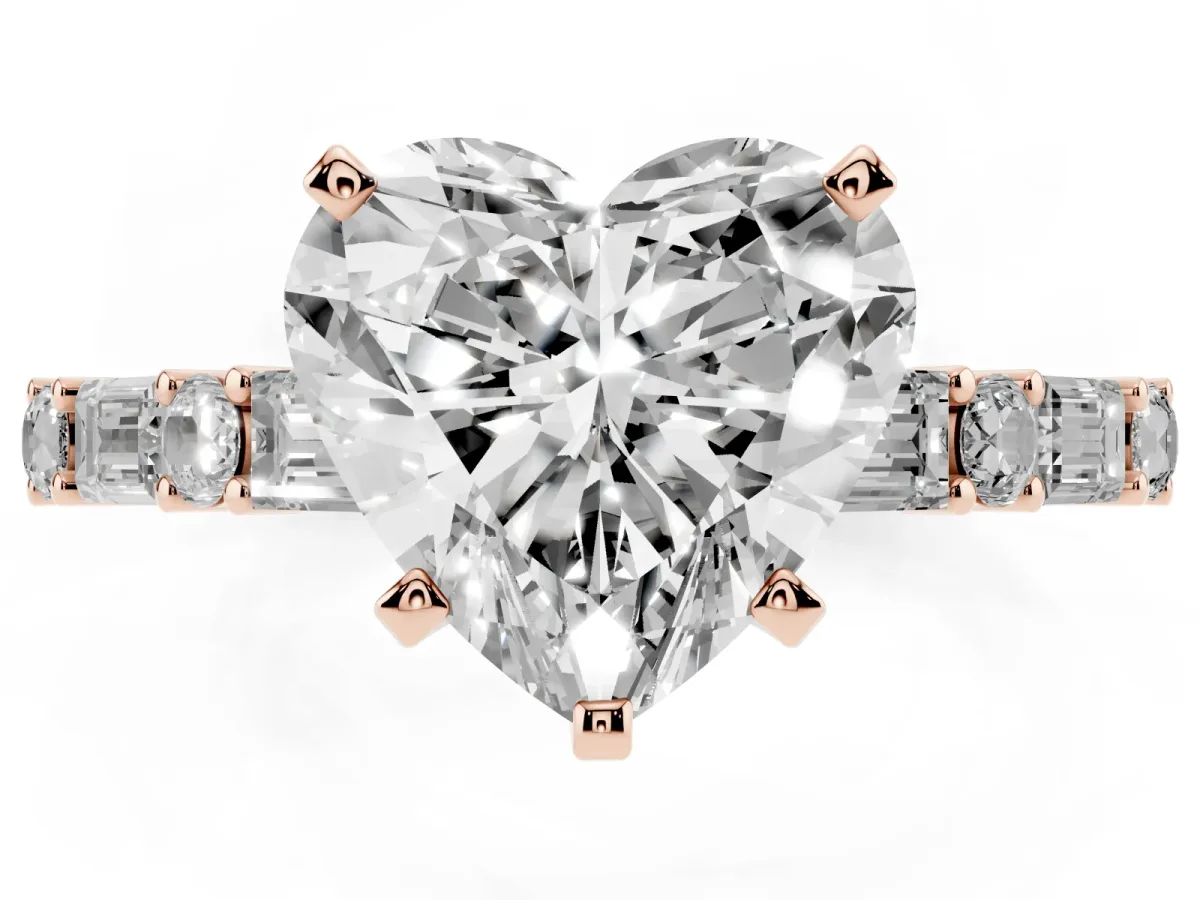 Heart Cut Diamond Solitaire with Side Baguettes and Channel Set Band Rose gold