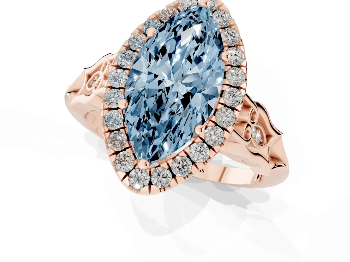 Fancy Blue Marquise Cut Halo Diamond Engagement Ring with Filigree Band and Four-Prong Setting Rose gold