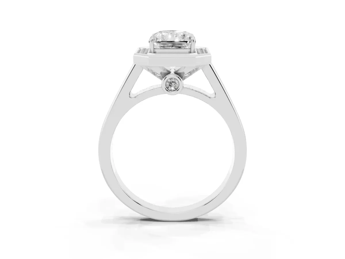 Emerald Cut Halo Solitaire Diamond Ring with Pave Band and Bezel Setting Silver