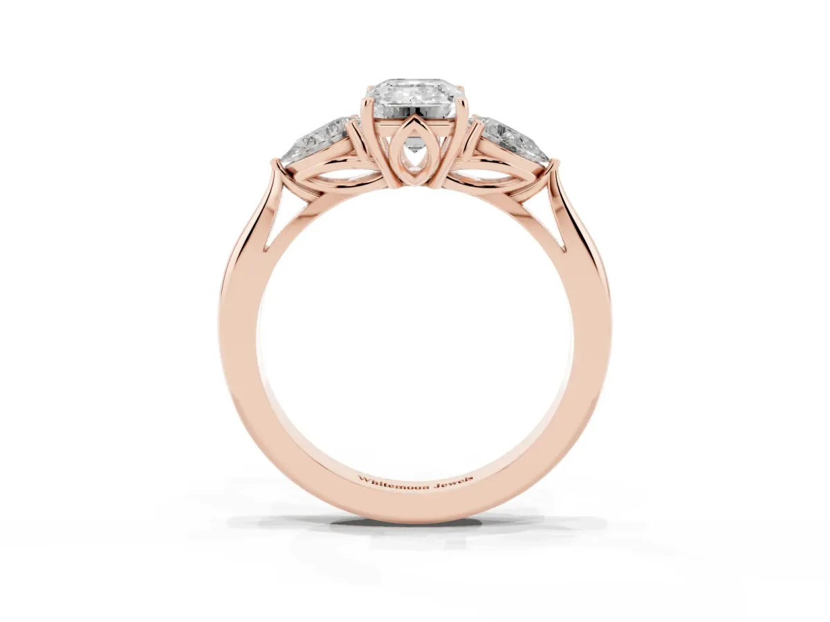Three-Stone Emerald Cut Brilliant Diamond Solitaire Ring with Tapered Band and Four-Prong Setting Rose gold