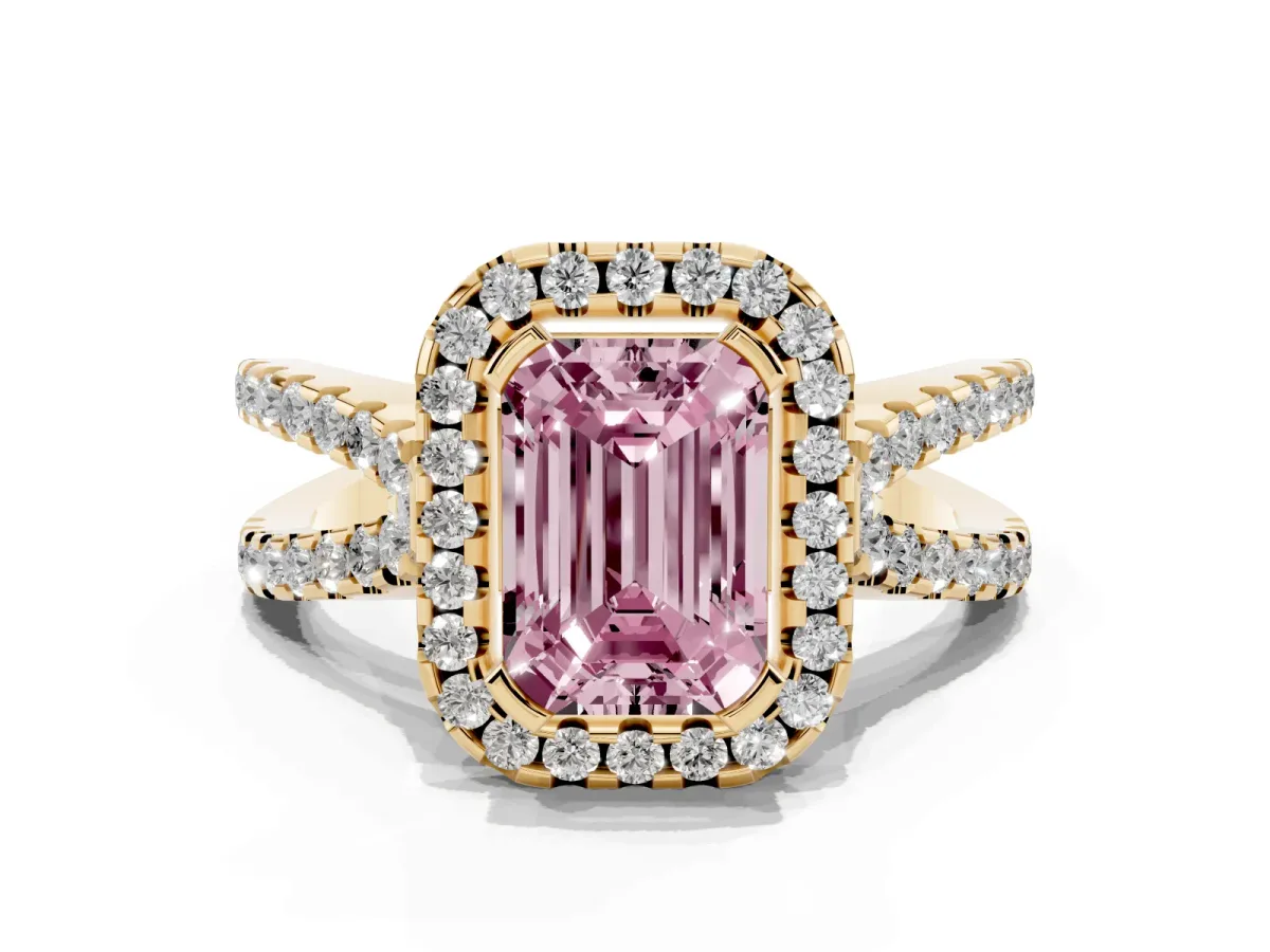 Fancy Pink Emerald Cut Diamond Halo Ring with Split Shank Pavé Band and Prong Setting Yellow gold