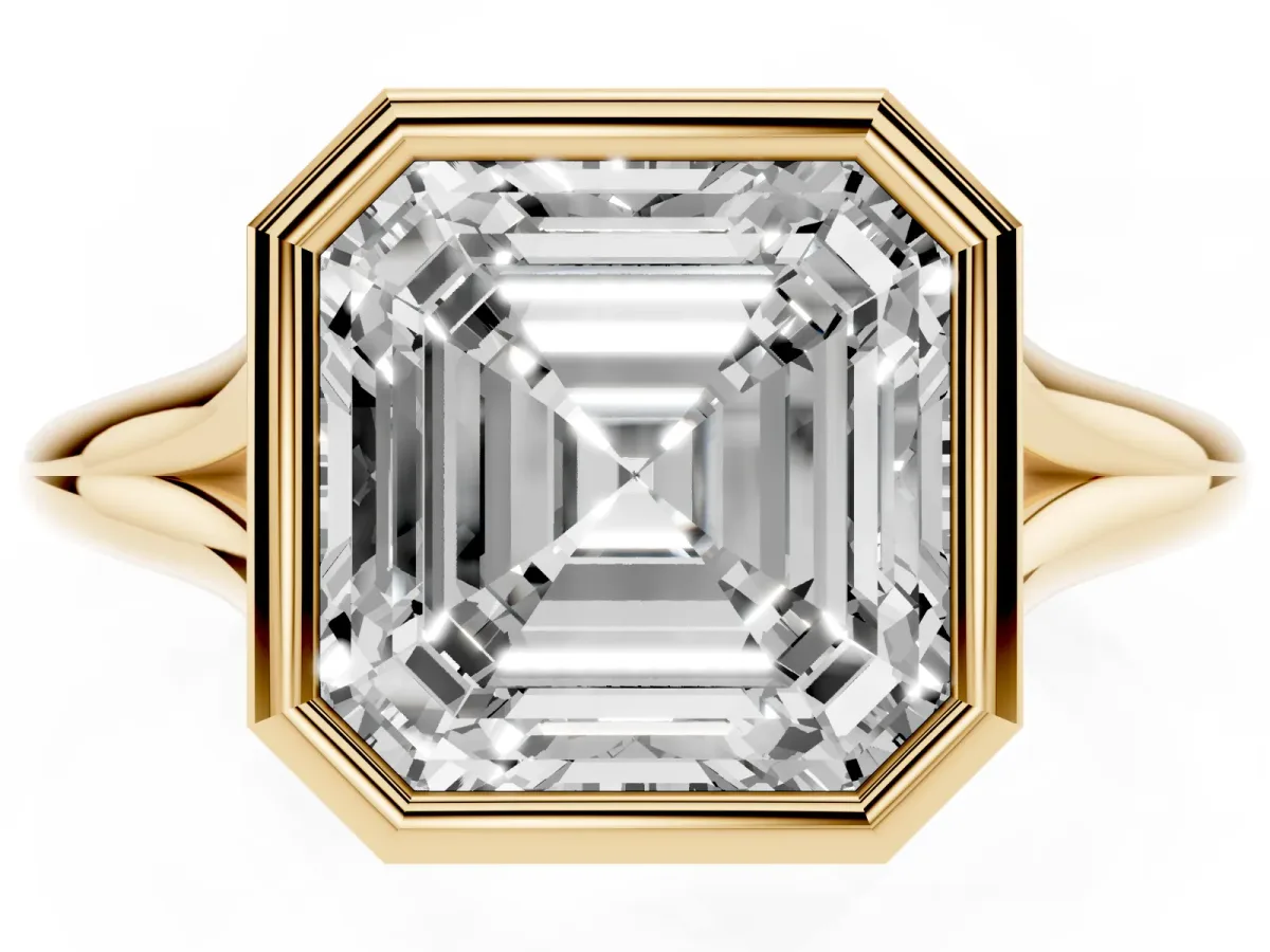 Bezel Set Asscher Cut Cut Solitaire Ring with Tapered Band Yellow gold