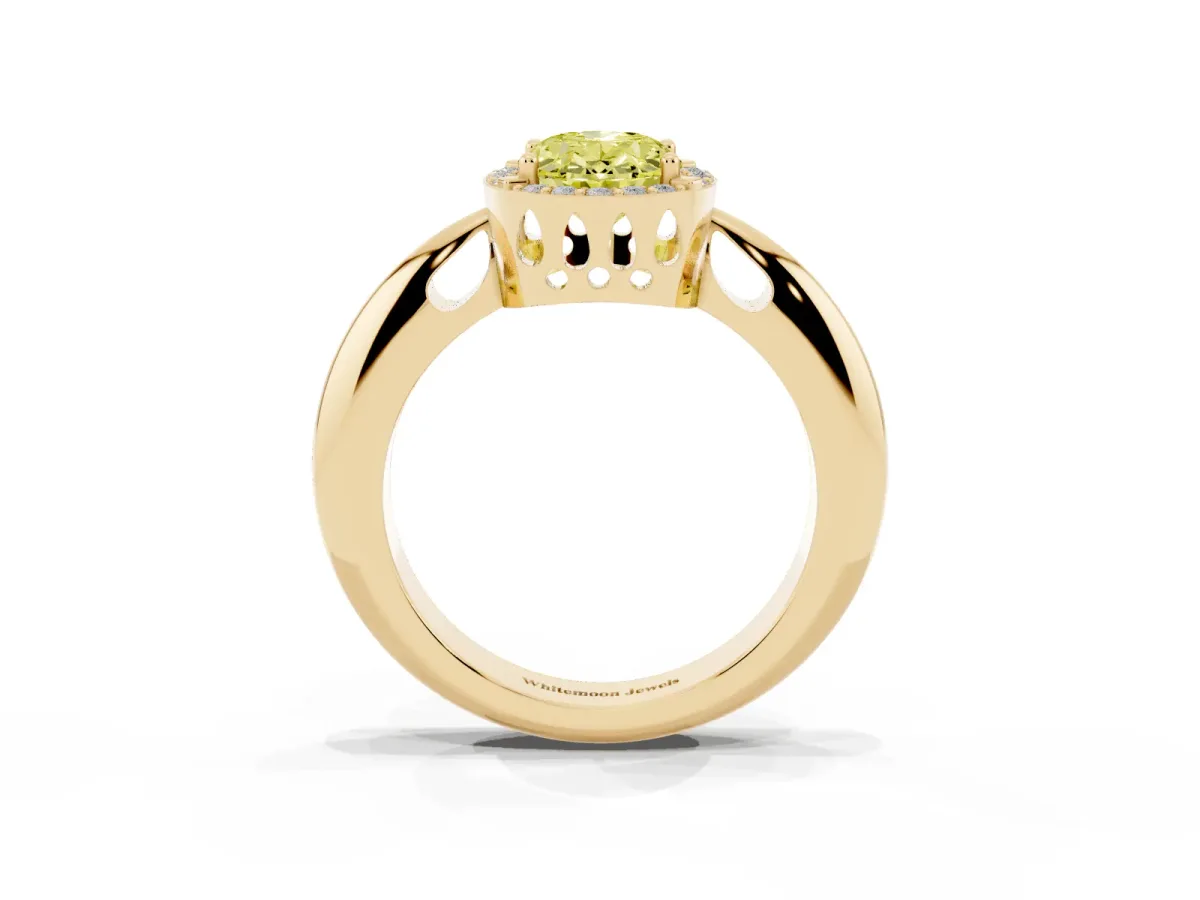 Fancy Yellow Oval Cut Cut Diamond Halo Engagement Ring with Split Shank and Four-Prong Setting Yellow gold