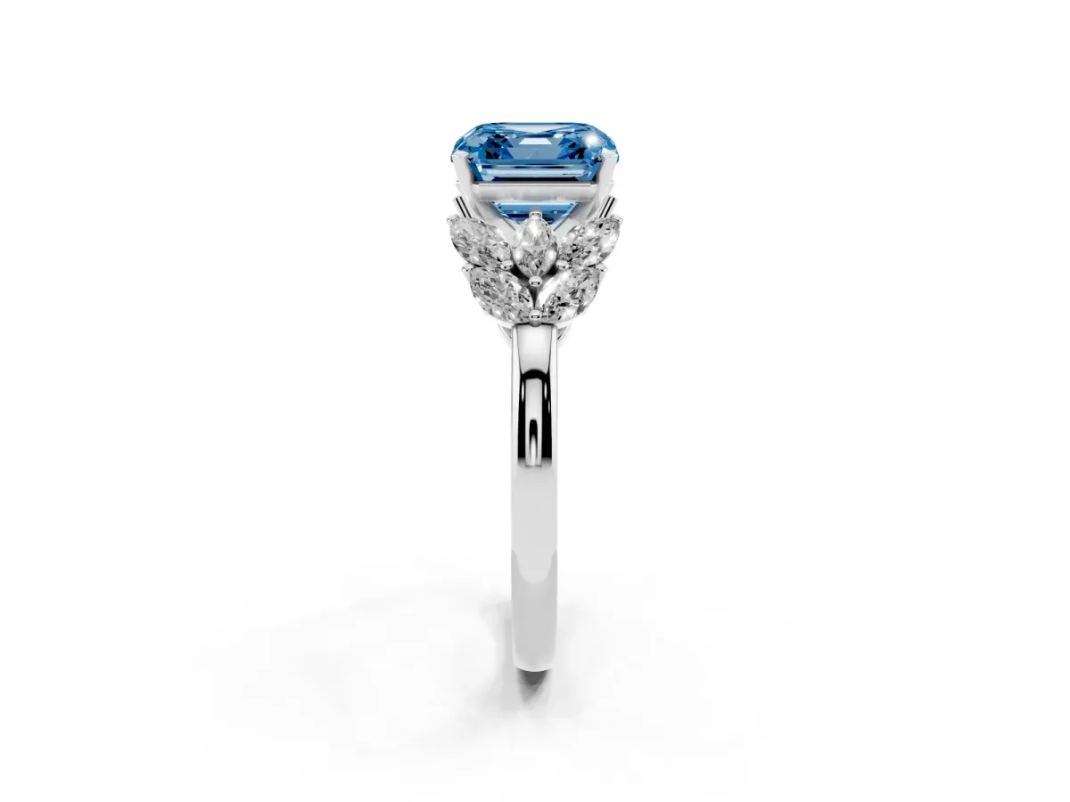 Fancy Blue Asscher Cut Diamond Cluster Leaf Design Ring with Prong Setting Silver