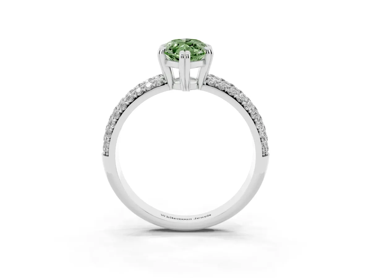 Fancy Green Marquise Cut Diamond Solitaire Ring with Multi-Row Round Pavé Band and Prong Setting Platinum