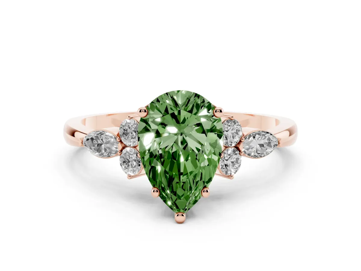 Fancy Green Pear Cut Brilliant Diamond Solitaire Ring with Pear Side Stones and Four-Prong Setting Rose gold