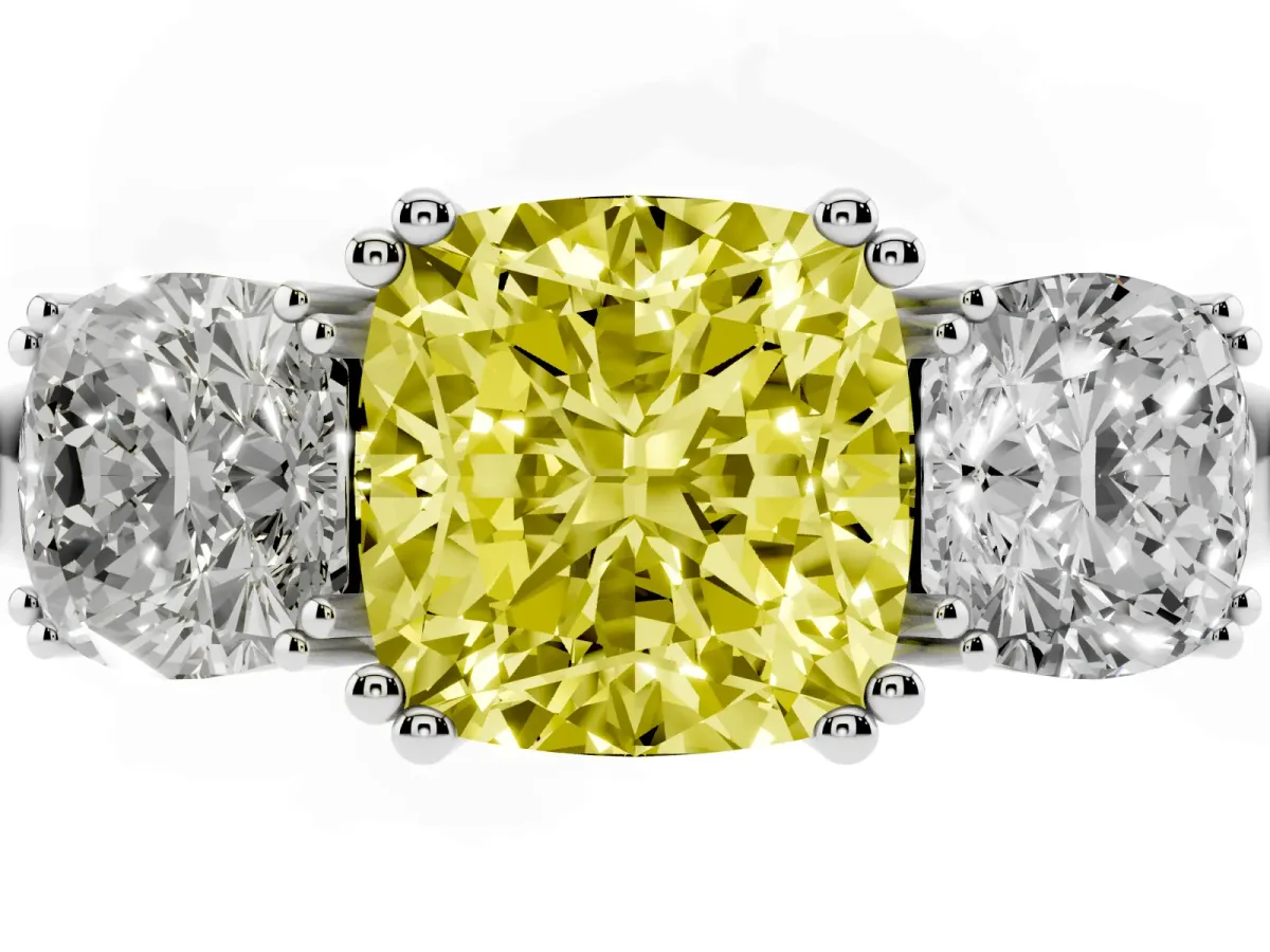 Fancy Yellow Three-Stone Cushion Cut Cut Diamond Ring with Channel Set Band and Four-Prong Setting Silver