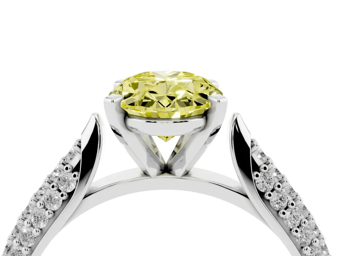 Fancy Yellow Oval Cut Diamond Solitaire Engagement Ring with Multi-Row Round Pavé Band and Prong Setting Platinum