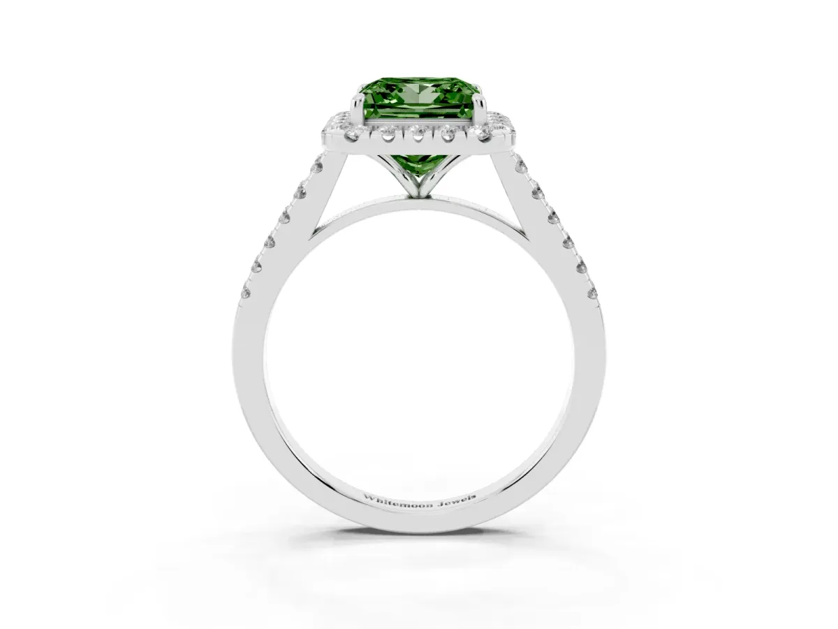 Fancy Green Princess Cut Halo Pave Diamond Engagement Ring with Four-Prong Setting Silver
