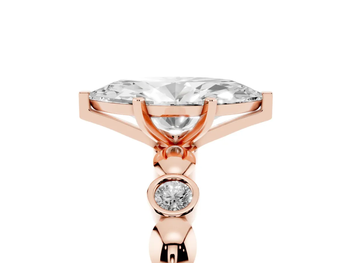 Marquise Cut Solitaire Bezel-Set Diamond Ring with Beaded Band and Four-Prong Setting Rose gold