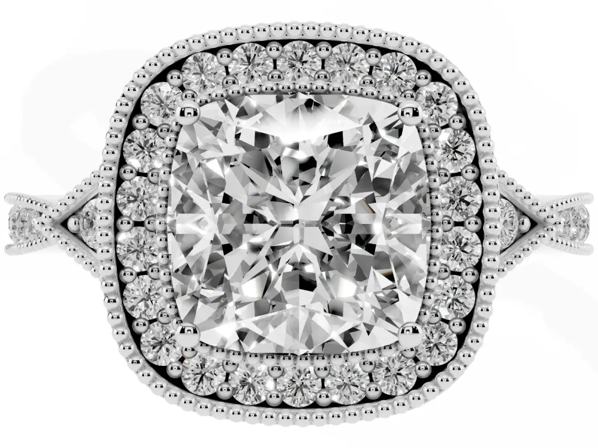 Cushion Cut Halo Round Diamond Milgrain Pave Engagement Ring Silver