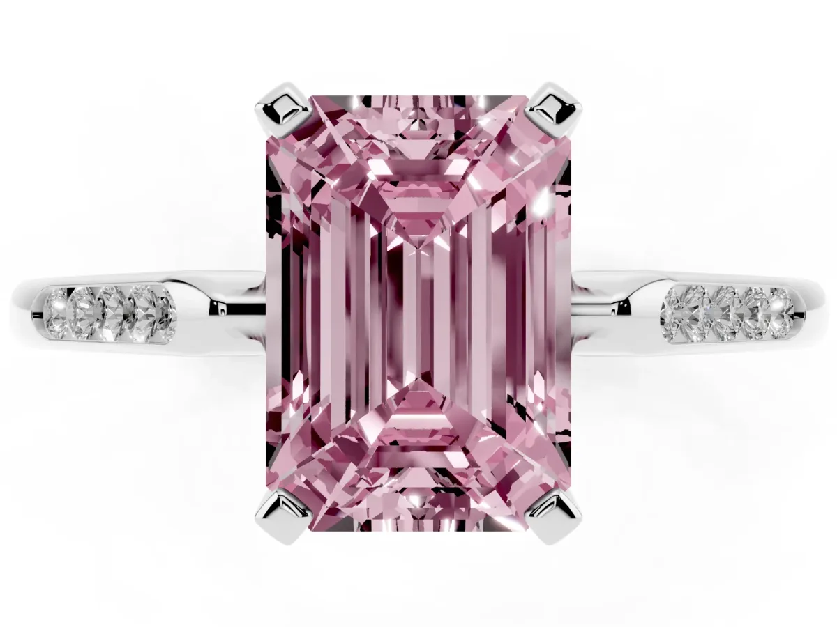 Fancy Pink Emerald Cut Diamond Solitaire Ring with Channel Set Round Band and Prong Setting Silver