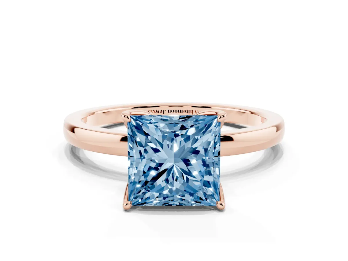 Fancy Blue Princess Cut Diamond Solitaire Ring with Thin Band and Prong Setting Rose gold