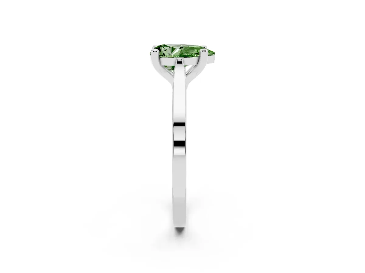 Fancy Green Pear Cut Solitaire Diamond Ring with Four-Prong Setting and Tapered Band Platinum