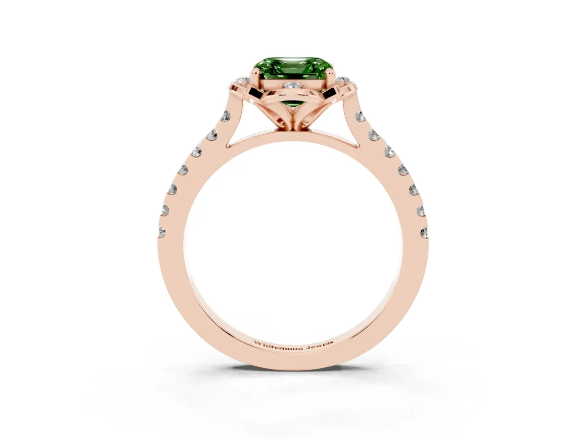 Fancy Green Asscher Cut Diamond Ring with Pavé Band and Floral Prong Setting Rose gold