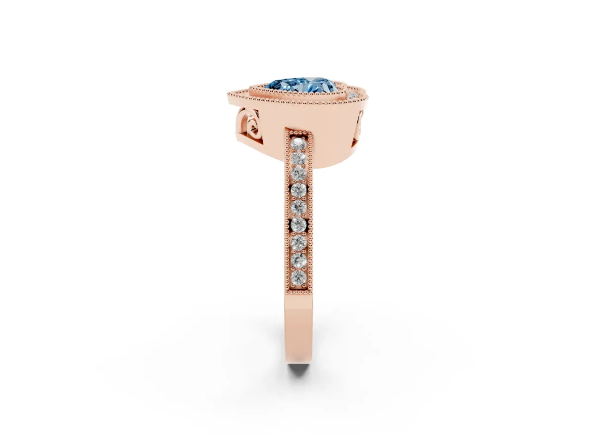 Fancy Blue Heart Cut Cut Halo Diamond Ring with Pavé Band and Milgrain Prong Setting Rose gold