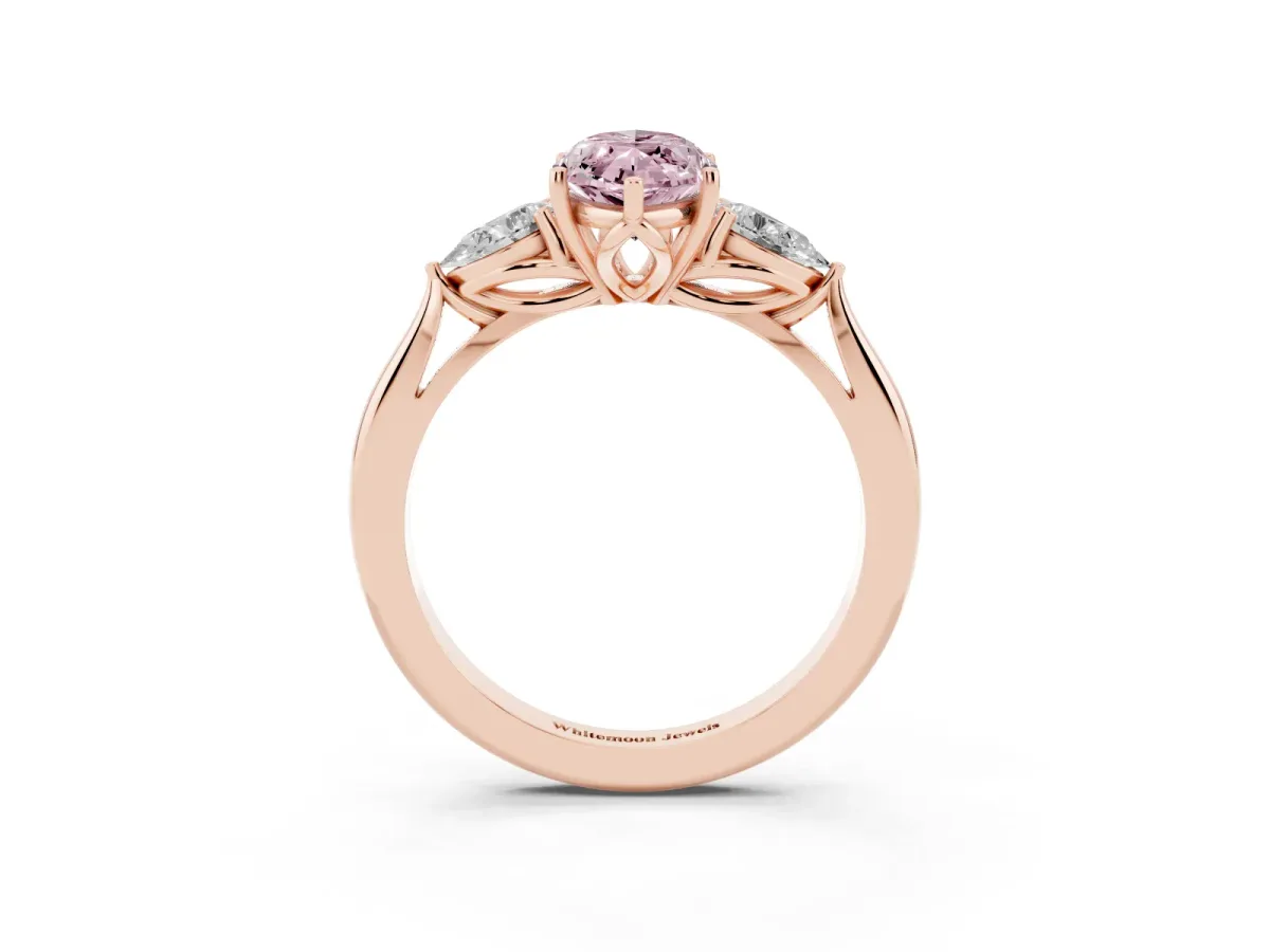 Fancy Pink Marquise Cut Diamond Three-Stone Ring with Pear Side Stones and Prong Setting Rose gold