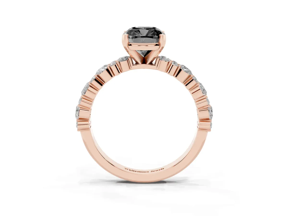 Fancy Black Cushion Cut Diamond Side Stone Solitaire Ring with Round and Four-Prong Setting Rose gold