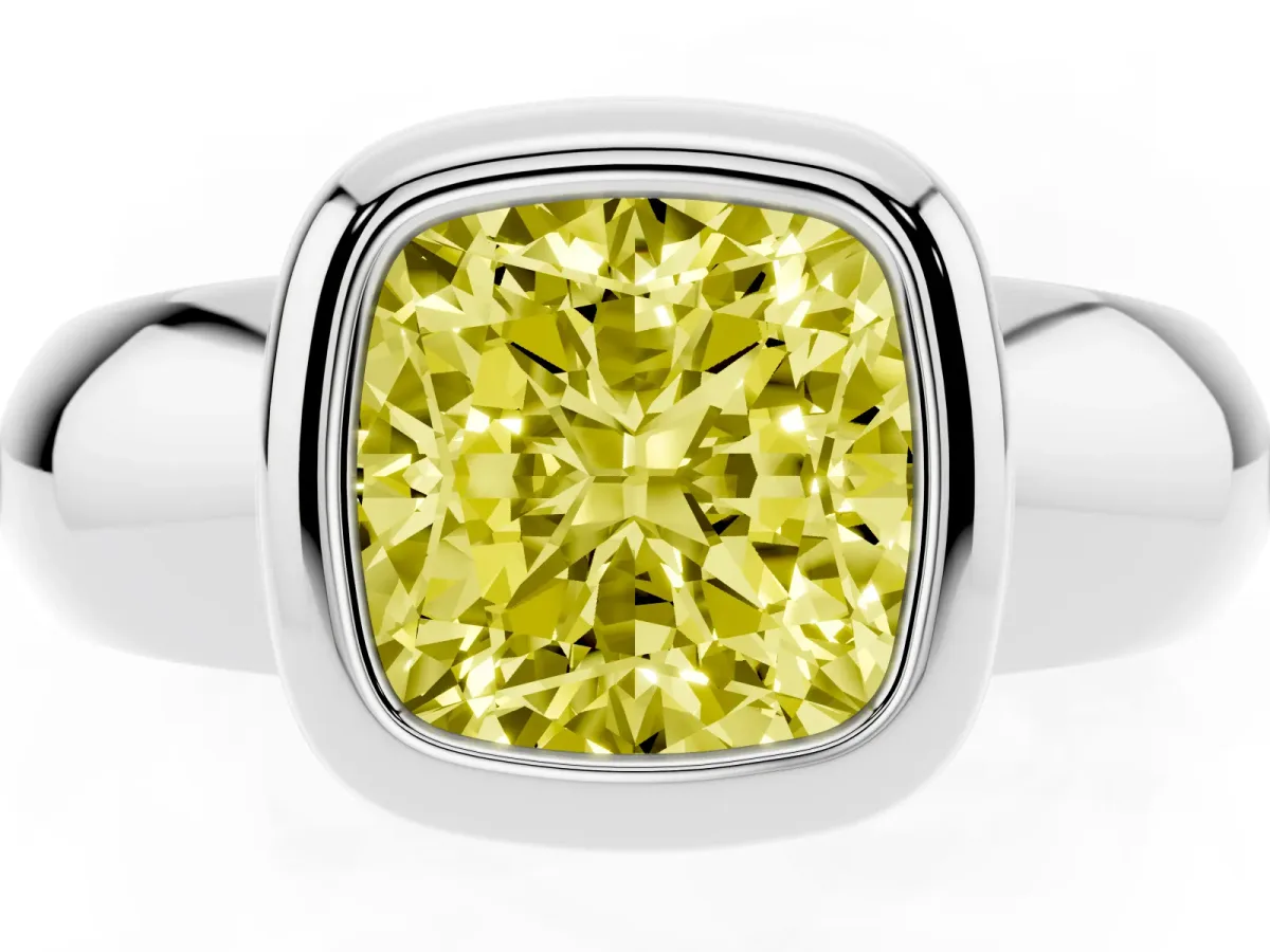 Fancy Yellow Bezel Set Cushion Cut Solitaire Ring with Wide Band Platinum
