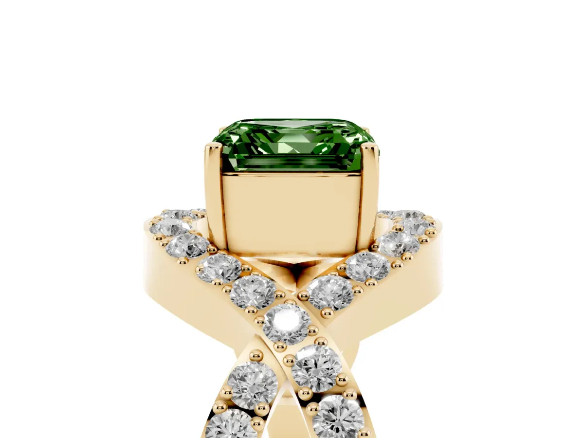 Fancy Green Asscher Cut Solitaire Twist Band Pavé Diamond Engagement Ring Yellow gold