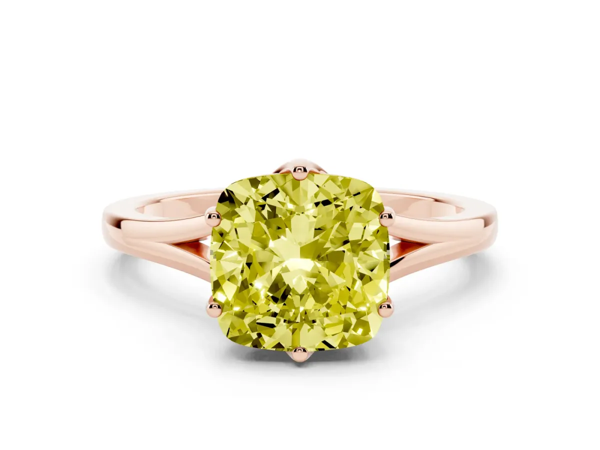 Fancy Yellow Cushion Cut Solitaire Diamond Ring with Six-Prong Setting and Tapered Band Rose gold