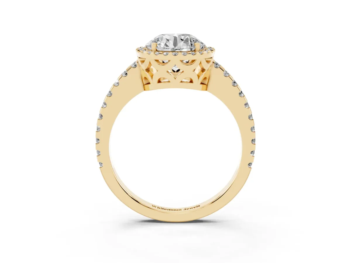 Round Cut Diamond Halo Engagement Ring with Pavé Band and Prong Setting Yellow gold