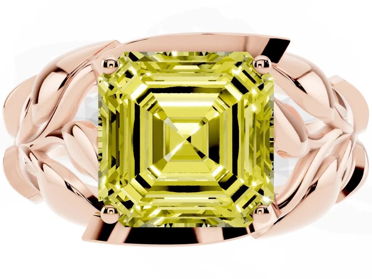 Fancy Yellow Asscher Cut Diamond Leaf-Inspired Engagement Ring with Round Accents and Prong Setting Rose gold