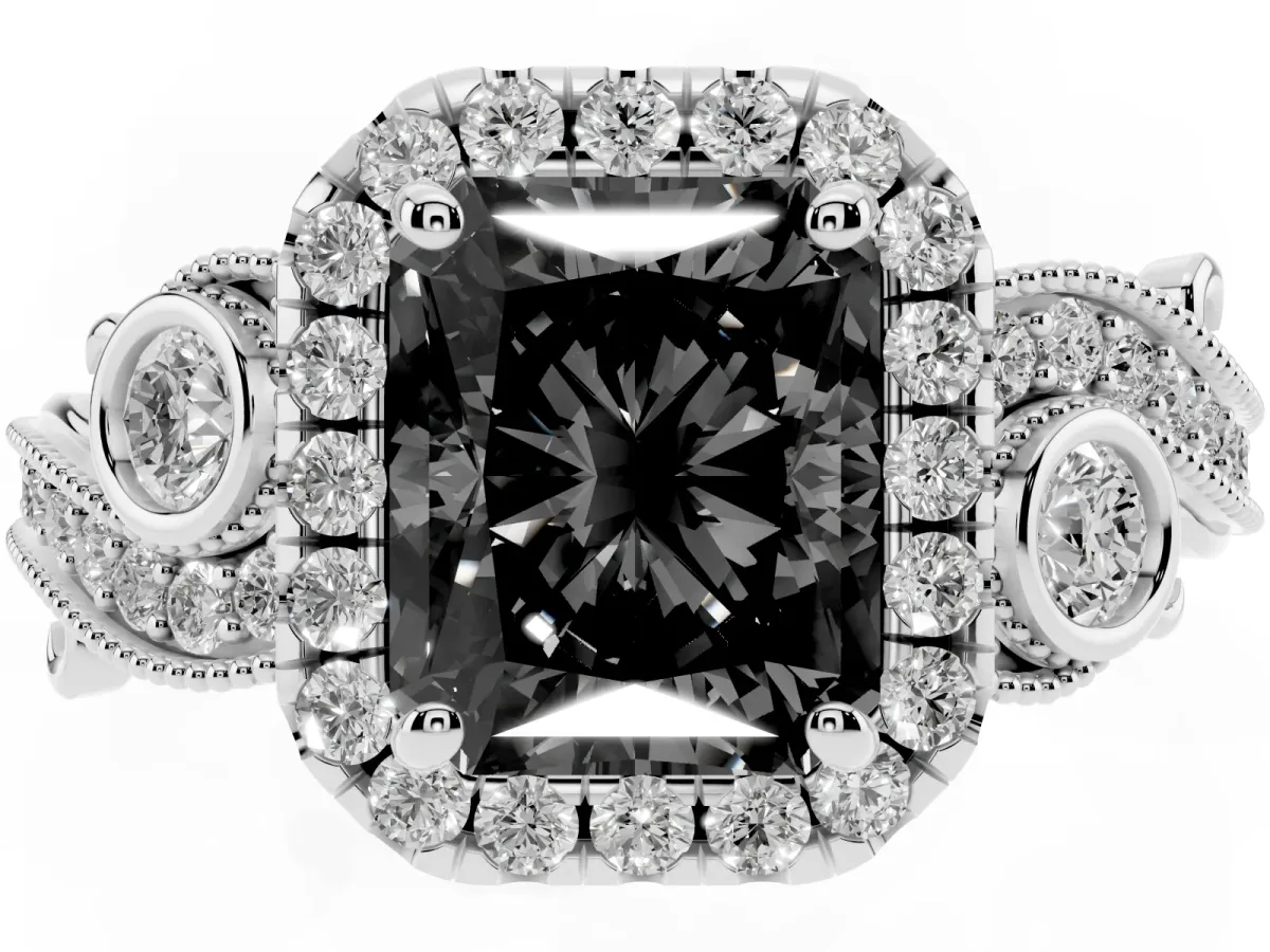 Fancy Black Radiant Cut Halo Diamond Ring with Milgrain and Bezel Accents on a Split Shank Band Silver