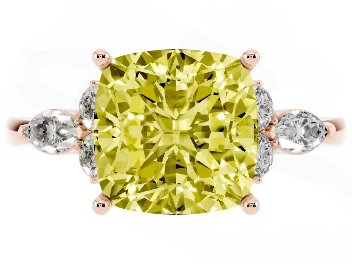 Fancy Yellow Cushion Cut Brilliant Diamond Solitaire Ring with Pear Side Stones and Four-Prong Setting Rose gold