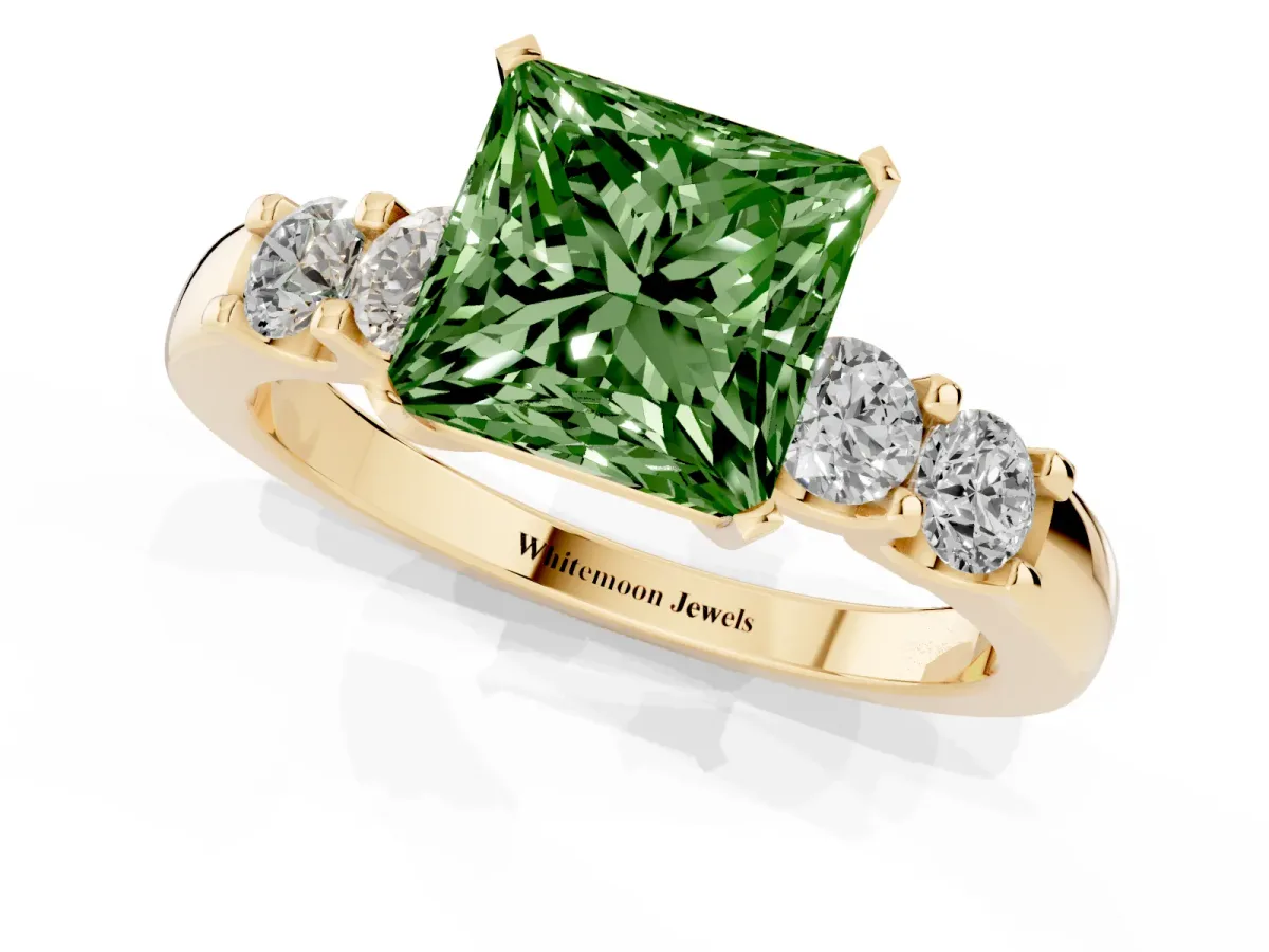 Fancy Green Princess Cut Brilliant Cut Diamond Five-Stone Prong Set Engagement Ring with Channel Band Yellow gold