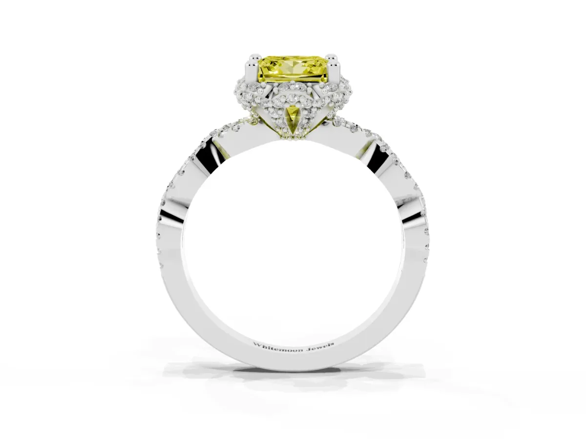 Fancy Yellow Princess Cut Halo Twist Band Solitaire Ring with Six-Prong Setting Silver