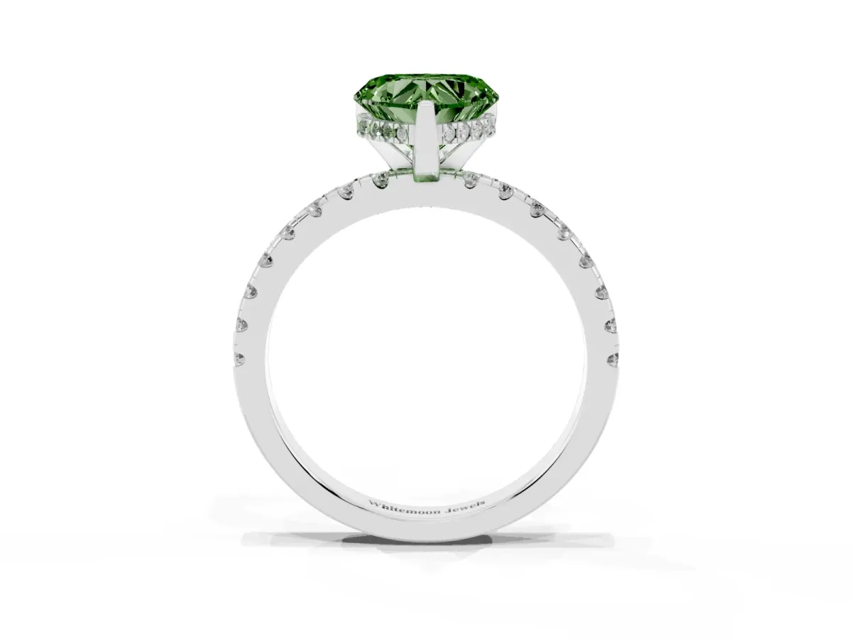 Fancy Green Heart Cut Diamond Solitaire Ring with Round Pavé Band and Four-Prong Setting Platinum