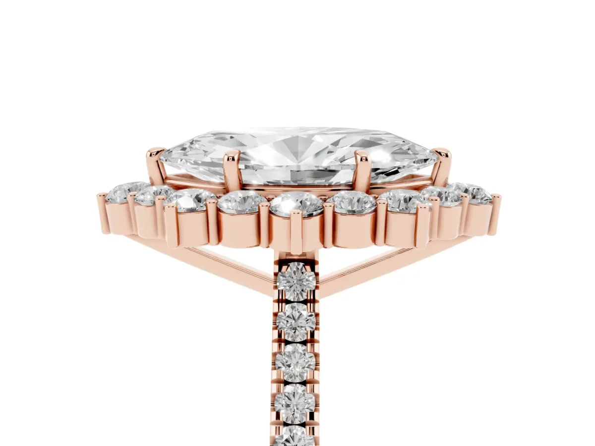 Marquise Cut Halo Diamond Ring with Pavé Band and Prong Setting Rose gold