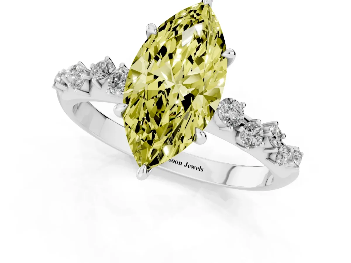 Fancy Yellow Marquise Cut Diamond Cluster Side Stone Solitaire Ring with Prong Setting Platinum