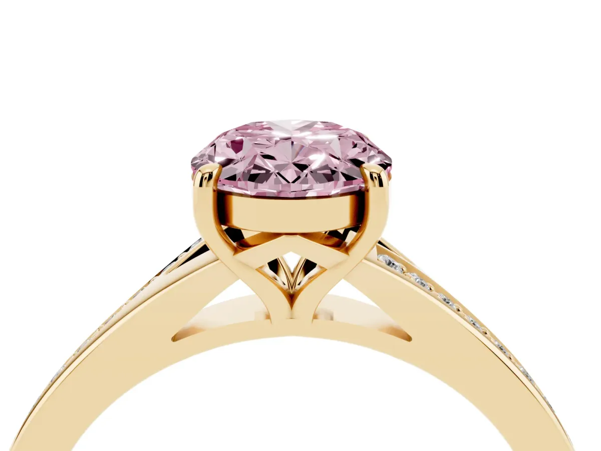 Fancy Pink Oval Cut Diamond Solitaire Ring with Pavé Band and Prong Setting Yellow gold