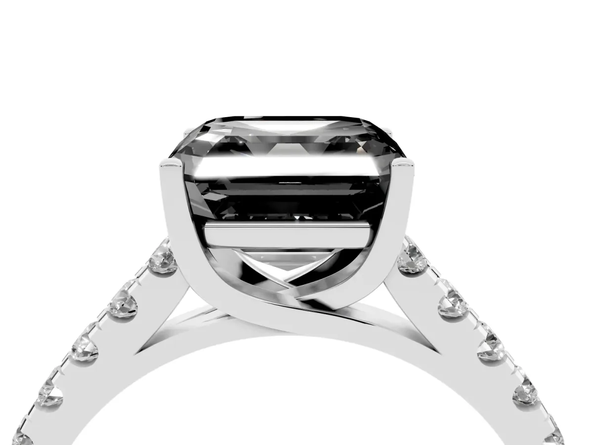 Fancy Black Asscher Cut Diamond Pavé Band Solitaire Ring with Prong Setting Platinum