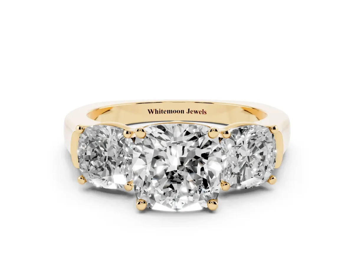Three-Stone Cushion Cut Brilliant Diamond Trellis Ring with Comfort Fit Band Yellow gold