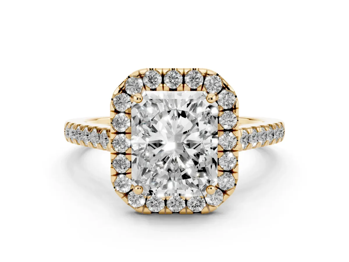 Radiant Cut Halo Pavé Diamond Engagement Ring with Four-Prong Setting Yellow gold