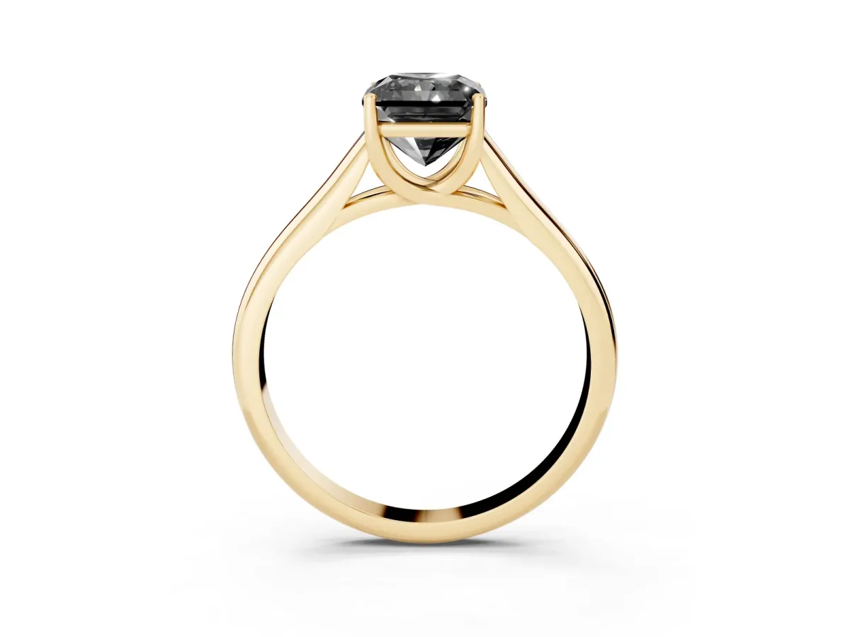 Fancy Black Radiant Cut Solitaire Engagement Ring with Tapered Band and Four-Prong Setting Yellow gold
