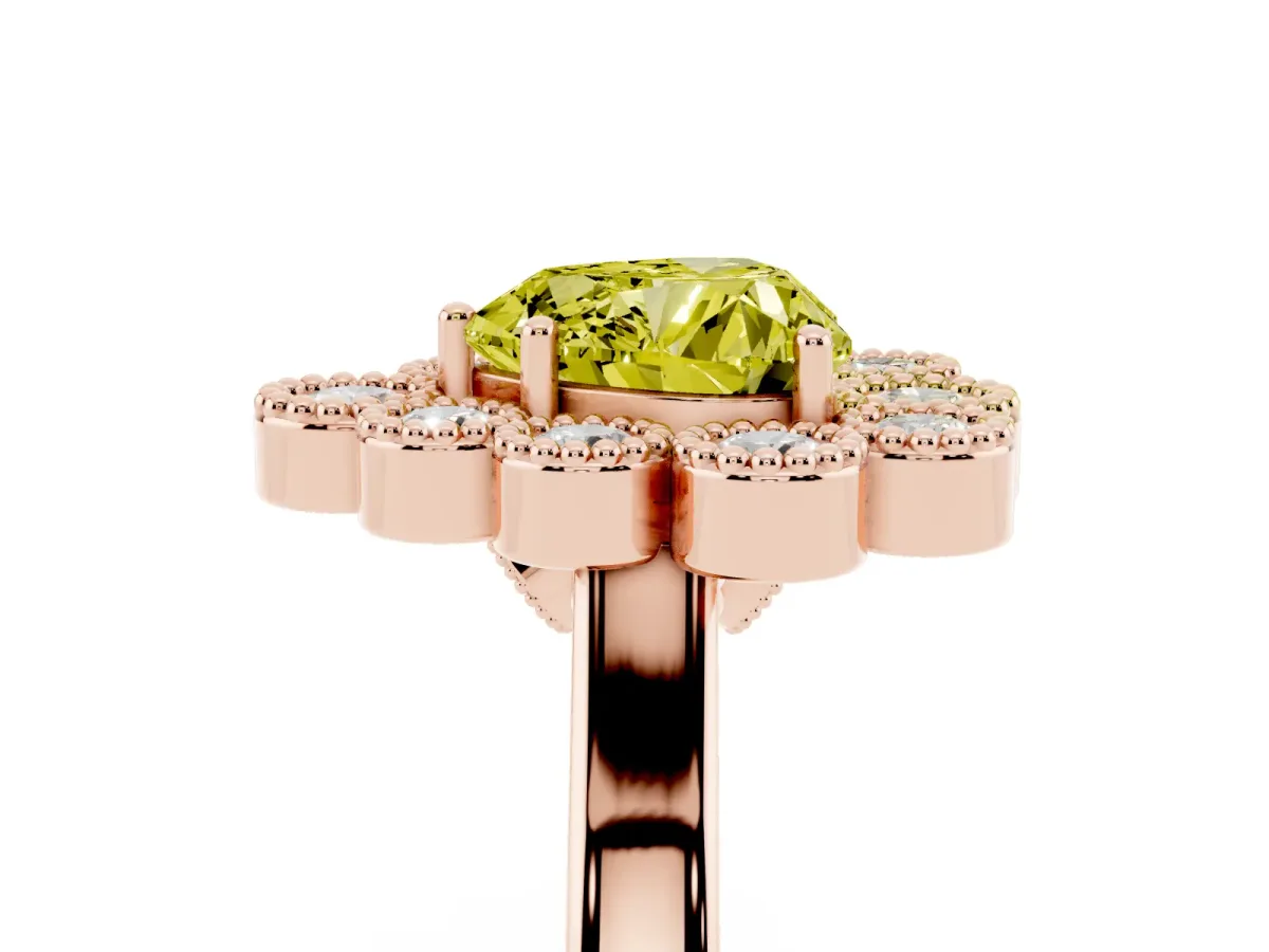Fancy Yellow Heart Cut Halo Diamond Cluster Engagement Ring with Milgrain Bezel Setting and Solitaire Band Rose gold