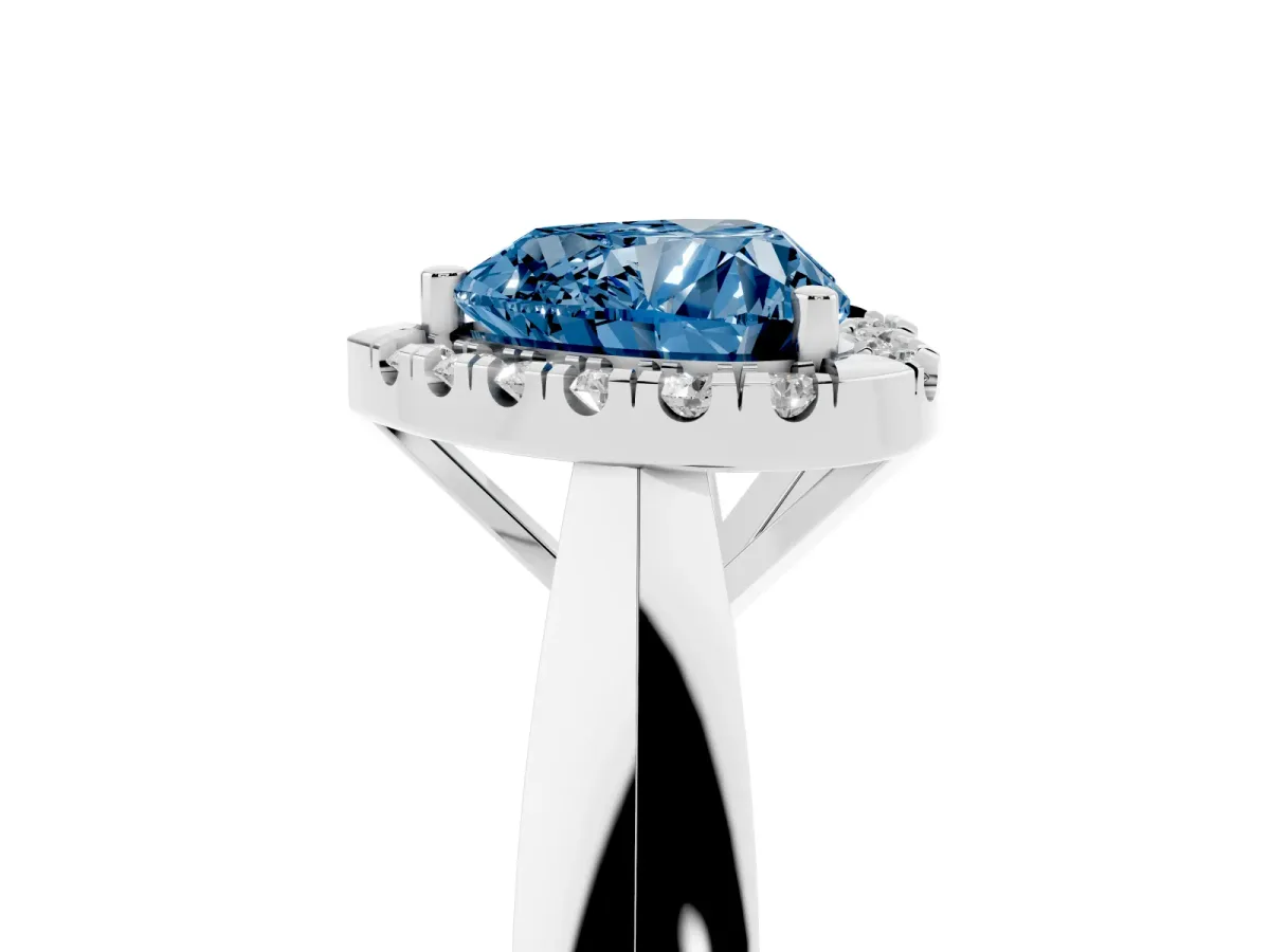 Fancy Blue Heart Cut Cut Halo Solitaire Engagement Ring with Square Band and Four-Prong Setting Silver