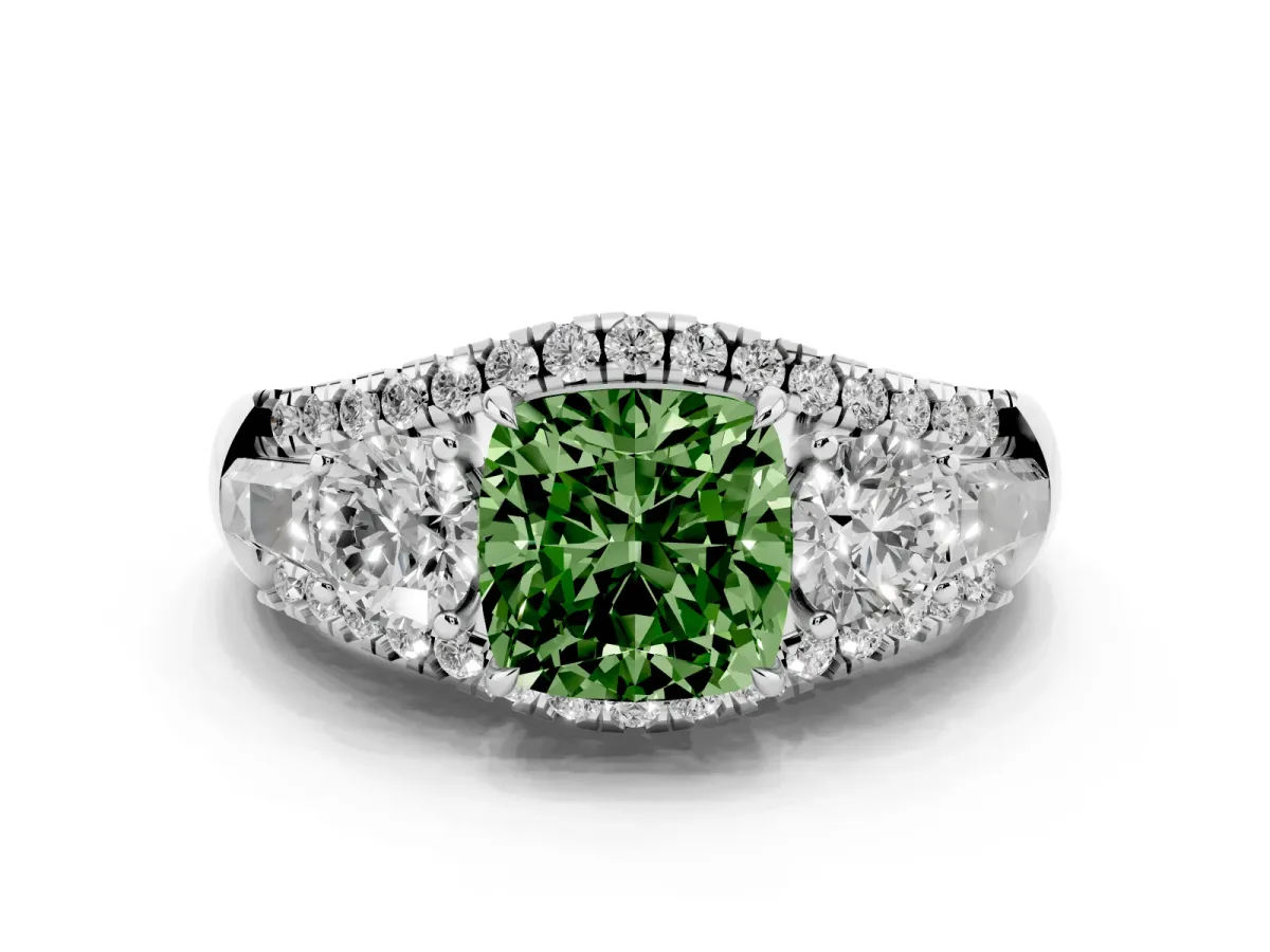 Fancy Green Three-Stone Cushion Cut Diamond Engagement Ring with Pave Band and Prong Setting Silver