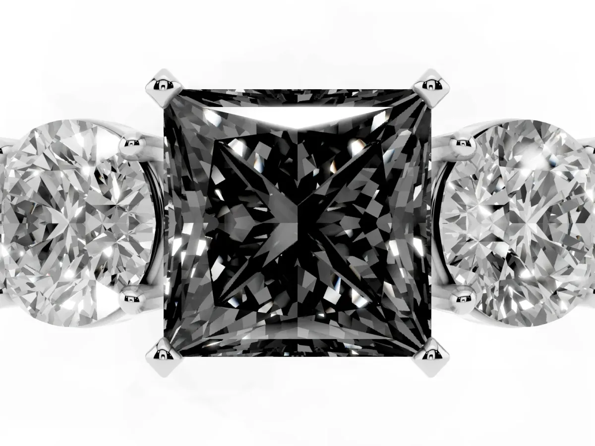 Fancy Black Three-Stone Princess Cut Diamond Ring with Round Side Stones, Classic Band, and Four-Prong Setting Platinum